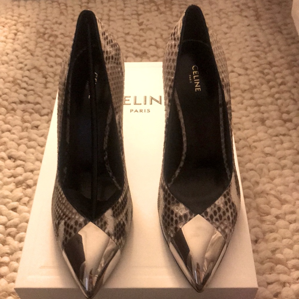 CELINE TRIANGLE HEEL METALLIC TOE PYTHON PUMP